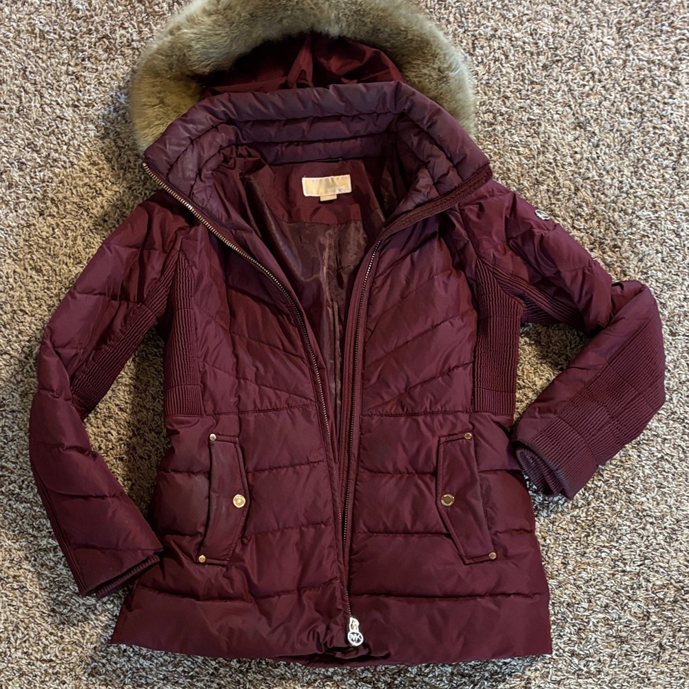 Michael Kors Women's Burgundy Puffer Jacket with Faux Fur Hood